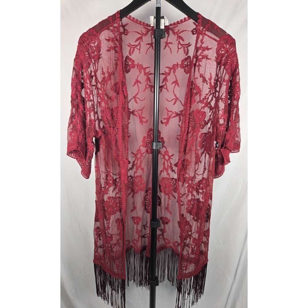 Sheer Burgundy Lace Fringe Duster Kimono Sz S/M Bohemian Boho Festival Cover Up